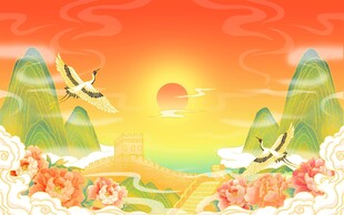 夕阳下的山水飞鸟图景