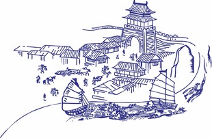 手绘古风建筑景观图