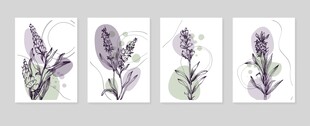 四幅紫色花卉植物插画