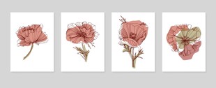 四幅手绘粉色花卉画作