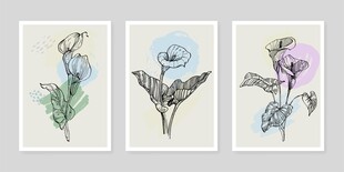 三幅手绘花卉艺术画作