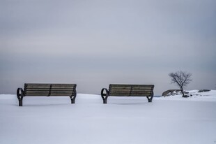 雪地上的两张长椅