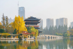 湖畔古建与城市风光美景