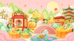 中秋传统国潮扇子山水创意插画