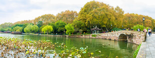 湖畔石桥秋景绿意盎然