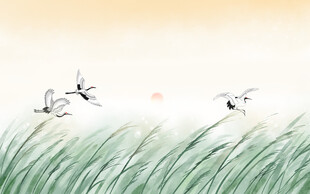 秋天湖畔飞鸟插画