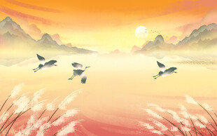 秋天夕阳飞鸟插画