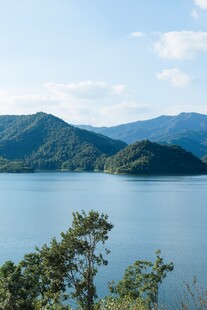 宁静湖景与远山绿意