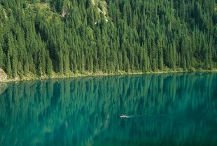 翠绿山林环绕的澄澈湖水