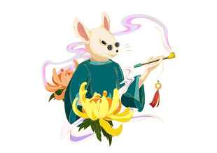 玉兔挥毫绘菊图