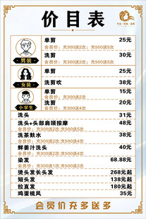 美容美发价目表展示