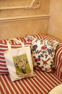 条纹沙发上的多彩抱枕