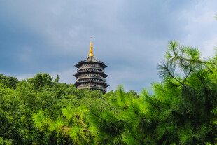 雷峰塔隐于葱郁树林间
