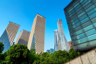 城市高楼与葱郁绿树景观