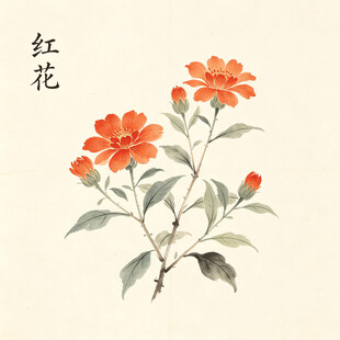 水墨红花图