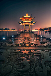 湖畔古亭夜景古韵悠长