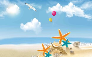 海滩海星与空中彩色气球