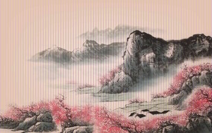 水墨山水间的烂漫桃花