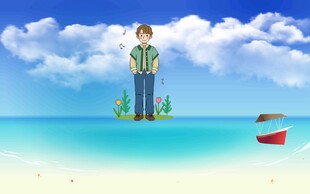 海边站立的男子与小船