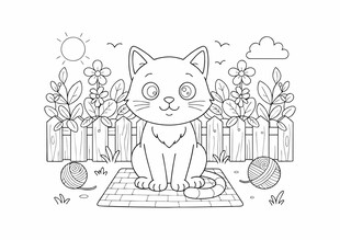 儿可爱猫咪在庭院玩耍场景简笔画