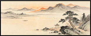 水墨山水迎客松国画