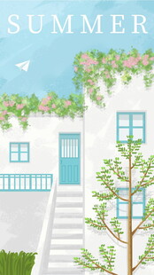 夏日清新小屋庭院景观插画手绘