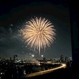 城市夜空绽放的绚烂烟花