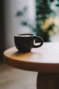 木桌上的黑色咖啡杯
