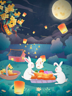 中秋玉兔月亮场景插画