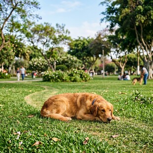 草地上安睡的金毛犬