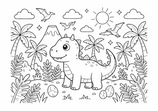 幼儿童可爱恐龙在丛林涂色手绘线