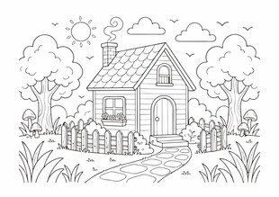 幼儿儿童乡村小屋简笔画涂色线稿