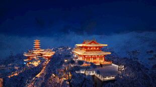 雪夜中的璀璨古建塔楼