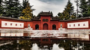 中式红墙建筑前的静谧水面