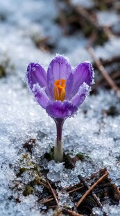 雪中绽放的紫色番红花