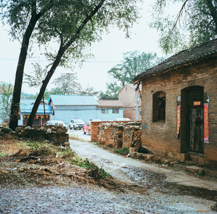 乡村古朴小屋旁的宁静景致