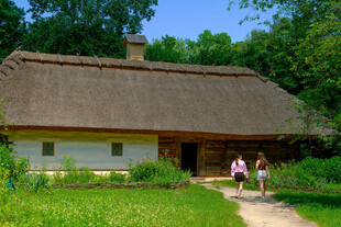 乡村茅草屋前的温馨场景