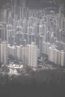 雾中林立的城市建筑群
