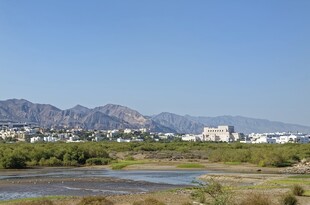河畔远山与城市景观