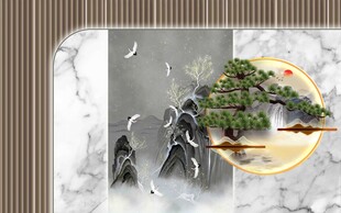 新中式格栅山水背景装饰