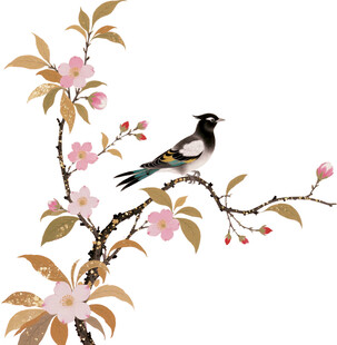 枝头鹊立 春花相伴