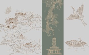 中式传统花鸟建筑线稿图