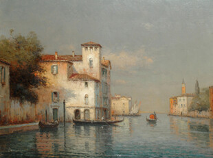 河畔欧式建筑风景油画