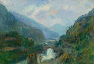 山间河谷风景油画