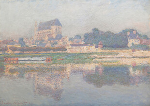 河畔城镇风景油画