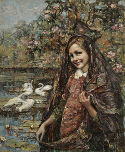河畔提篮少女油画风景