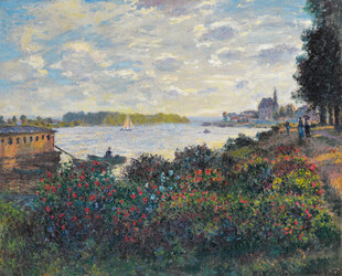 河畔繁花风景油画