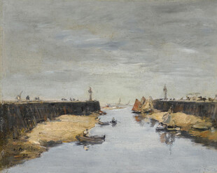 河畔船只风景油画