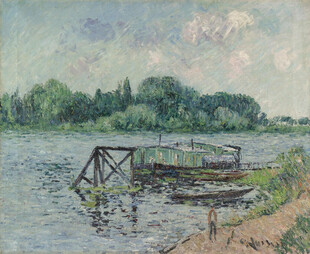 河畔木桥风景油画