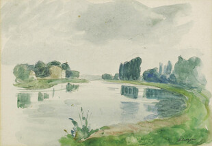 河畔风景水彩画